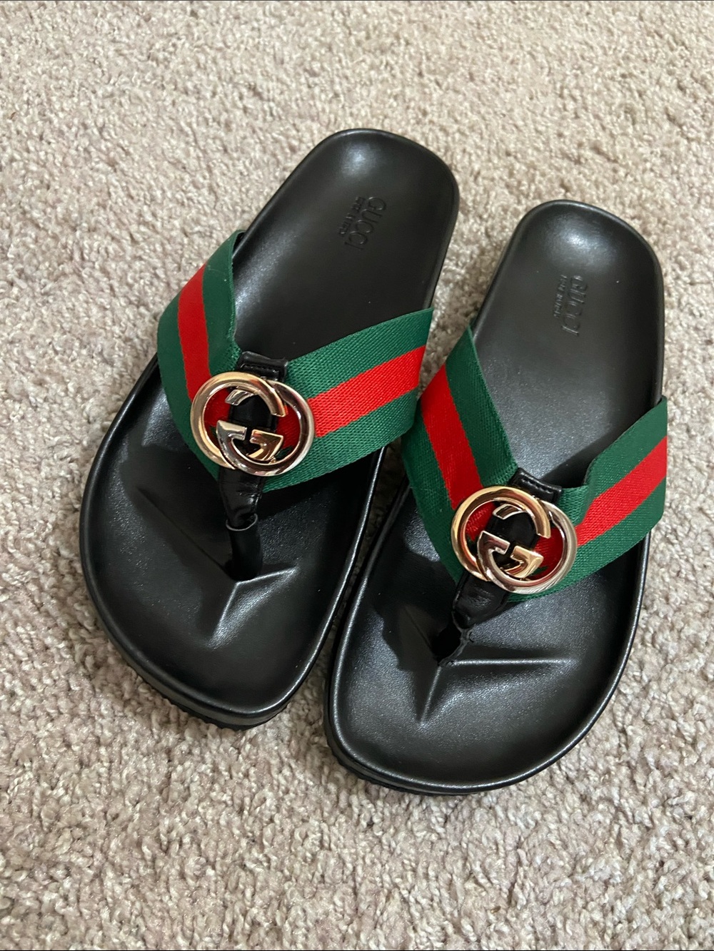 Designer-Inspired G G Black Thong Sandals with Green & Red Stripes